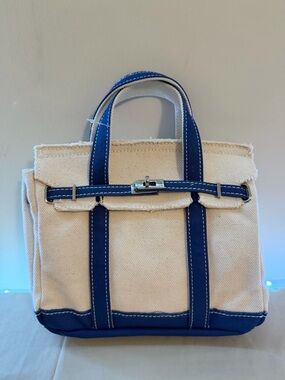 Canvas Tote Handbag in Natural with Blue Trim